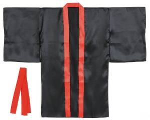 ソフトサテンロングハッピ袖付 黒(襟赤)L(ハチマキ付)